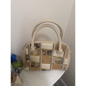 Vintage Patchwork Tapestry Satchel Handbag Cream Floral Woven Top Handle Bag